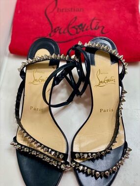Christian Louboutin Black Leather Spike-Trim Ankle-Strap Sandals
